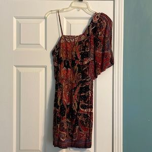 Womens one shoulder dress size L vibrant black and red patterned